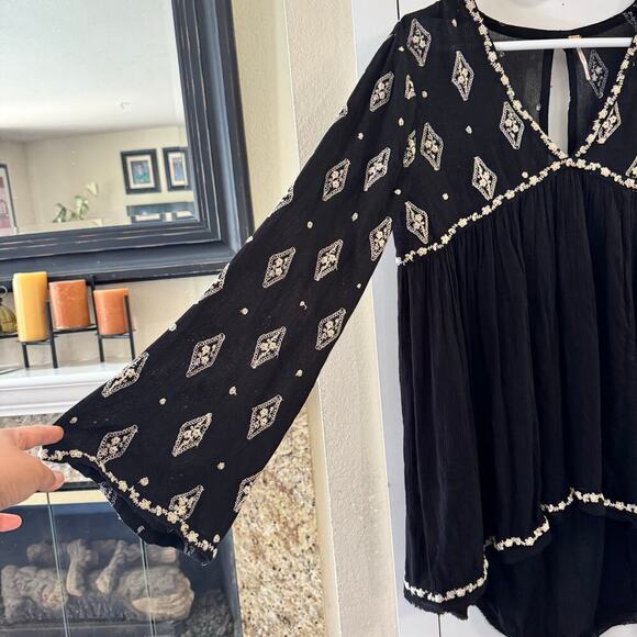 Free People Diamond Embroidered Smock Tunic Top Peasant Boho Oversized Size XS - Picture 6 of 9